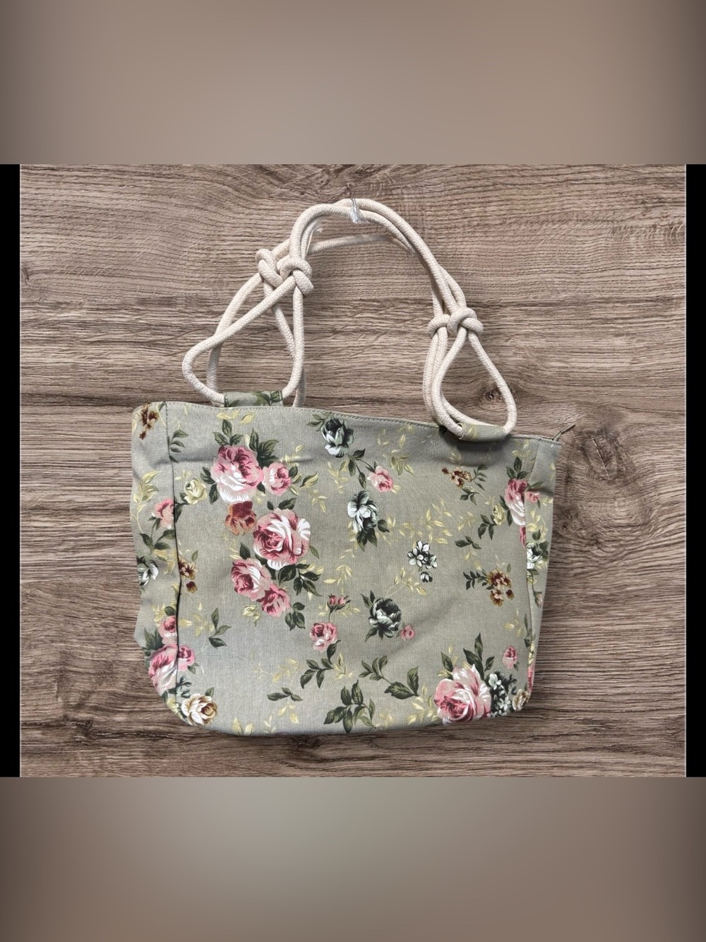 Farmhouse Is My Style sage green floral canvas tote bag with cream rope handles